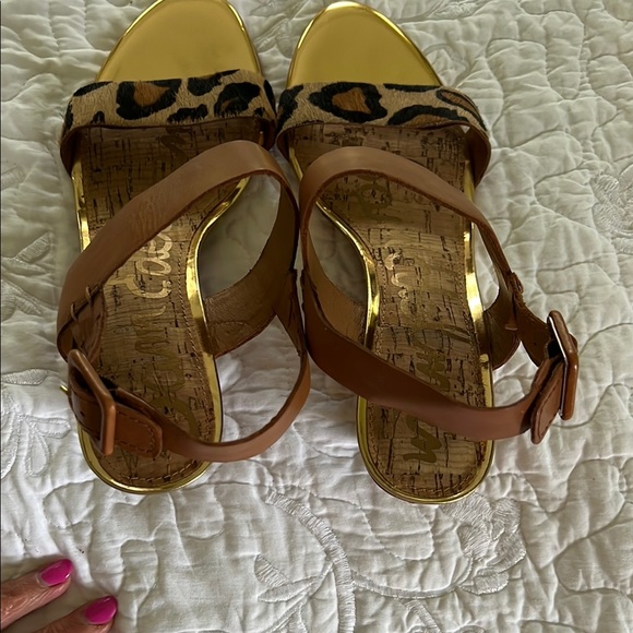 Sam Edelman Wedge Sandals.Gold Sandals With Leopard Print Straps.Sz-8M.Never on. - Picture 6 of 10